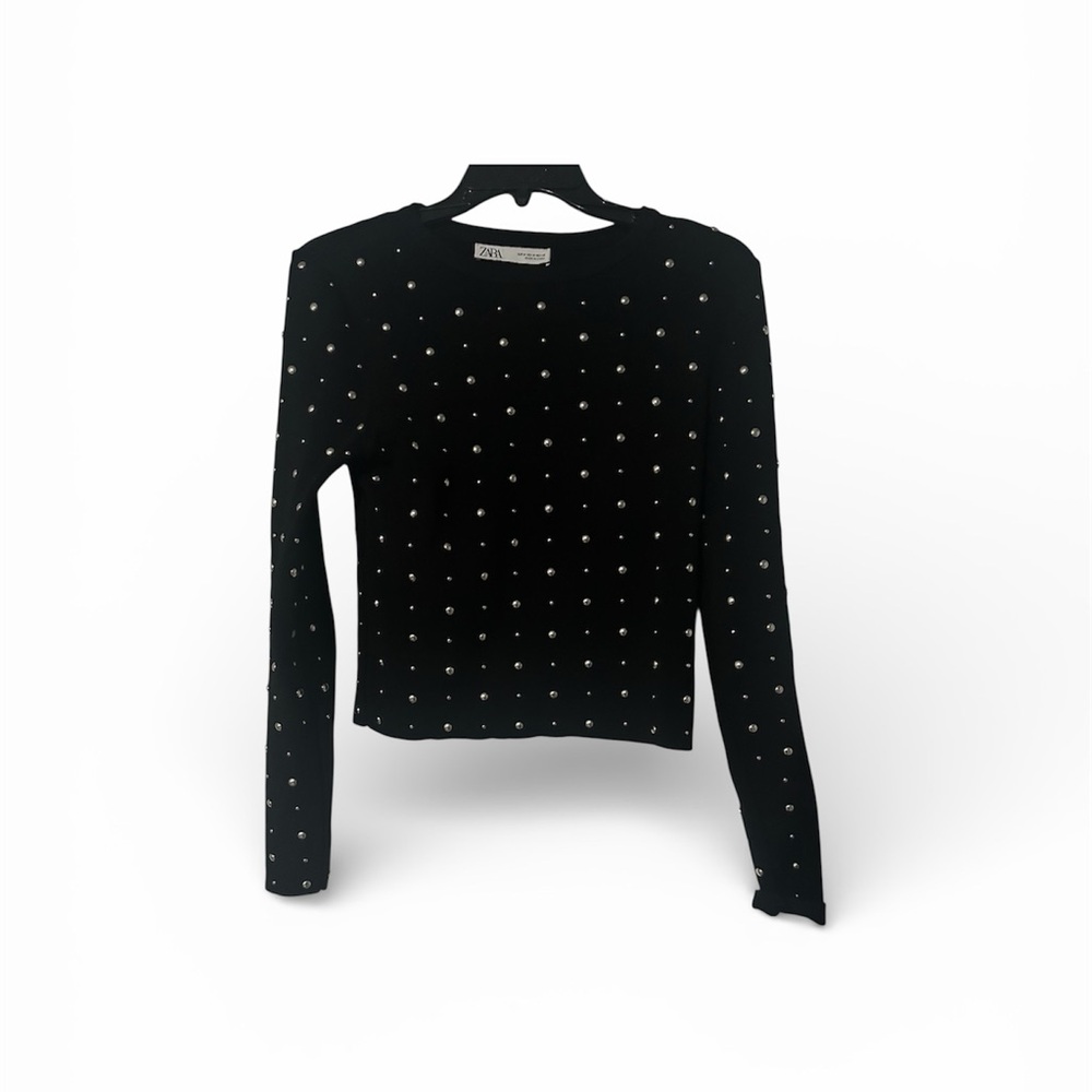 Zara Black Long Sleeve Knit Top with Silver Studs